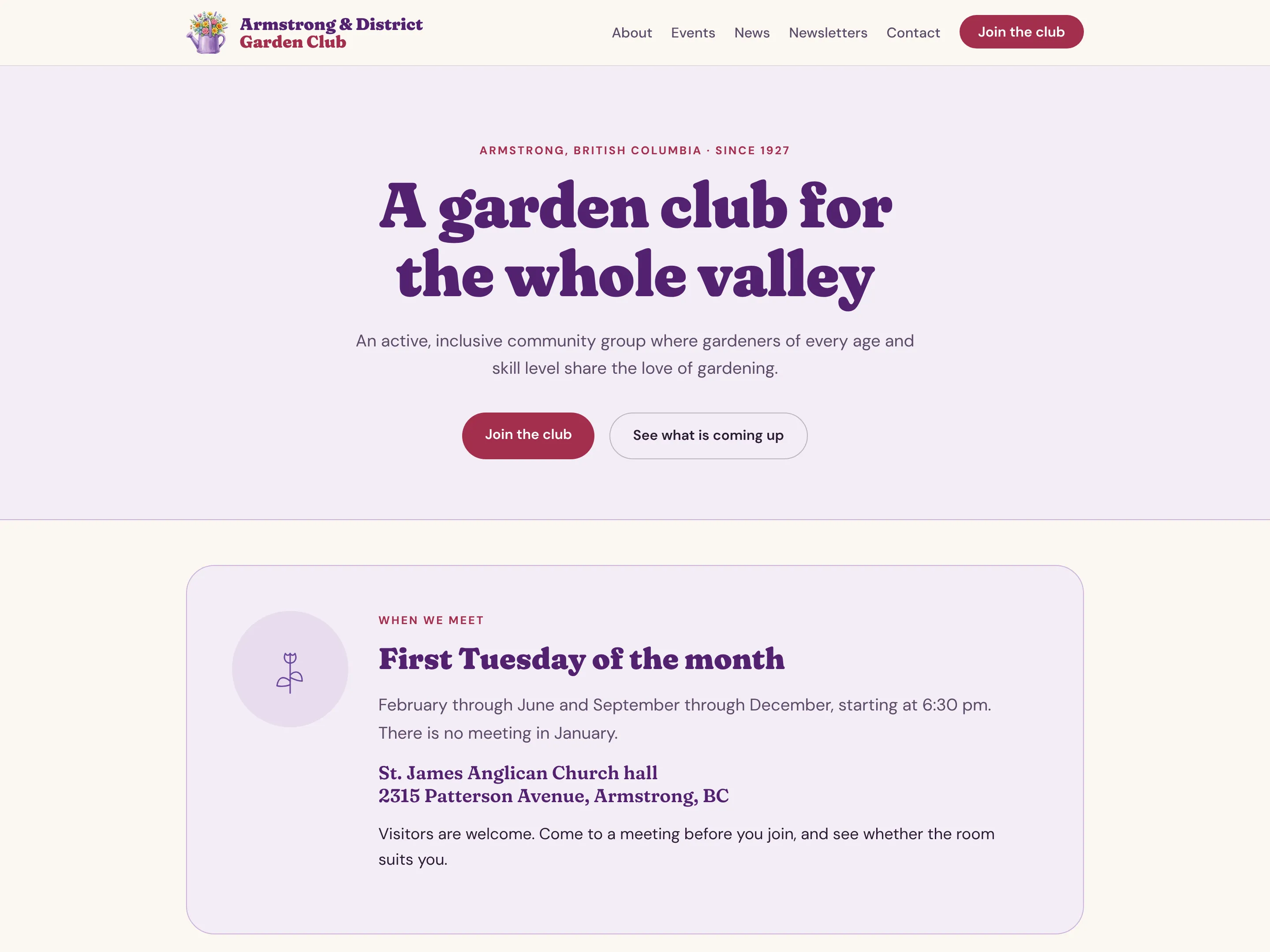 Screenshot of the Armstrong and District Garden Club website
