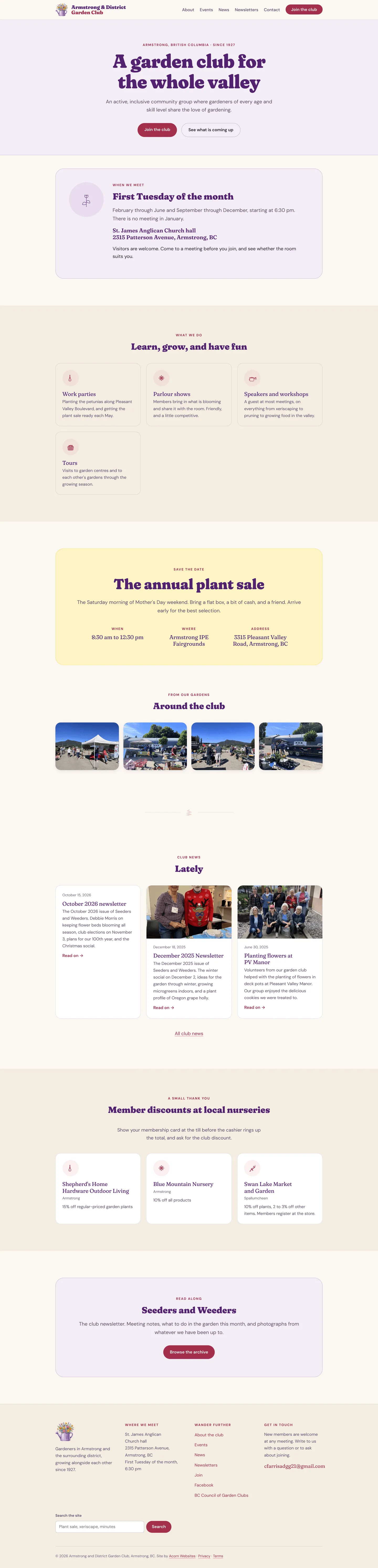 Screenshot of the Armstrong and District Garden Club website