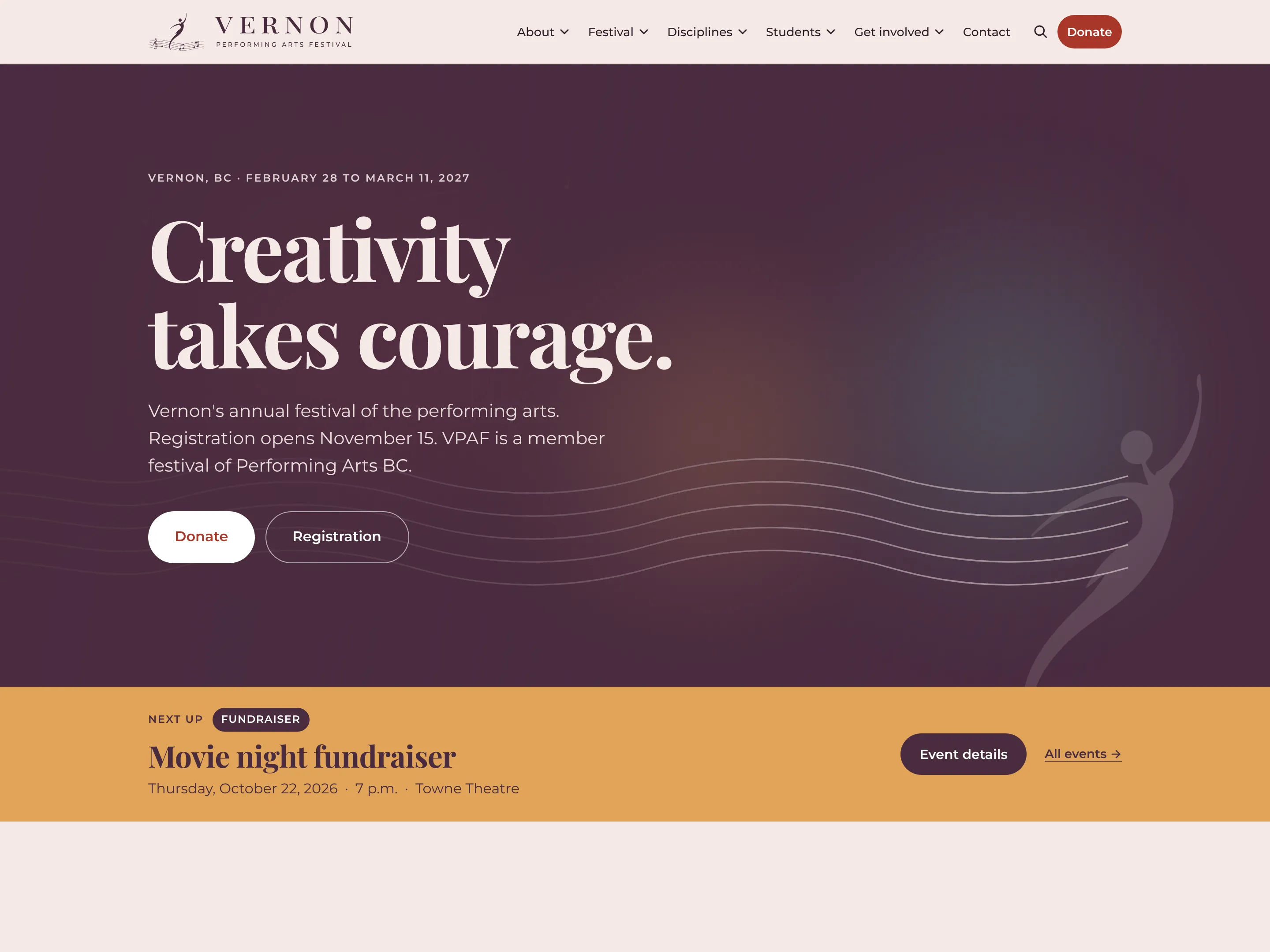Screenshot of the Vernon Performing Arts Festival website