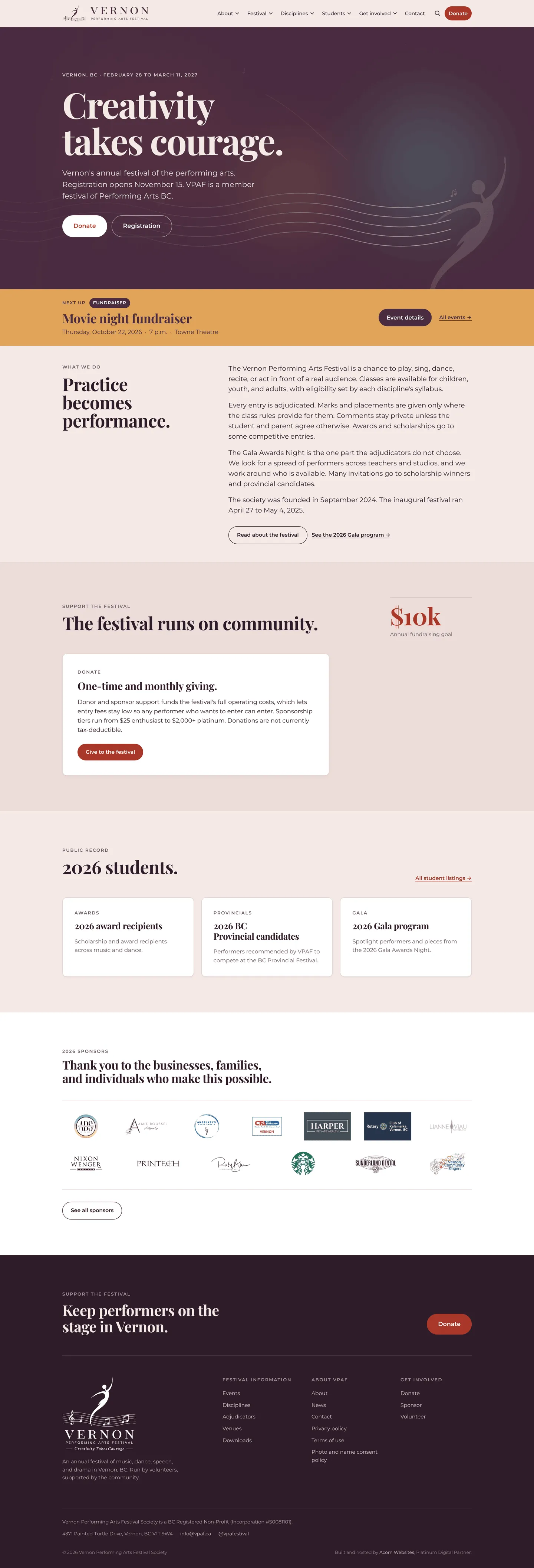 Screenshot of the Vernon Performing Arts Festival website