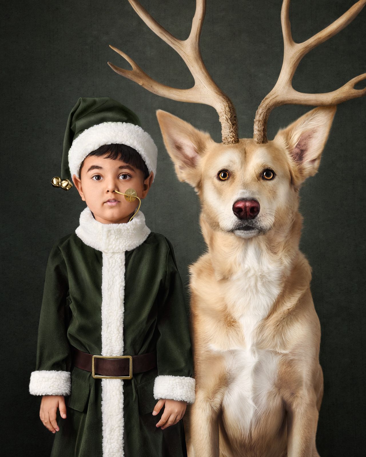 December calendar portrait of a boy in an elf costume beside a therapy dog wearing antlers